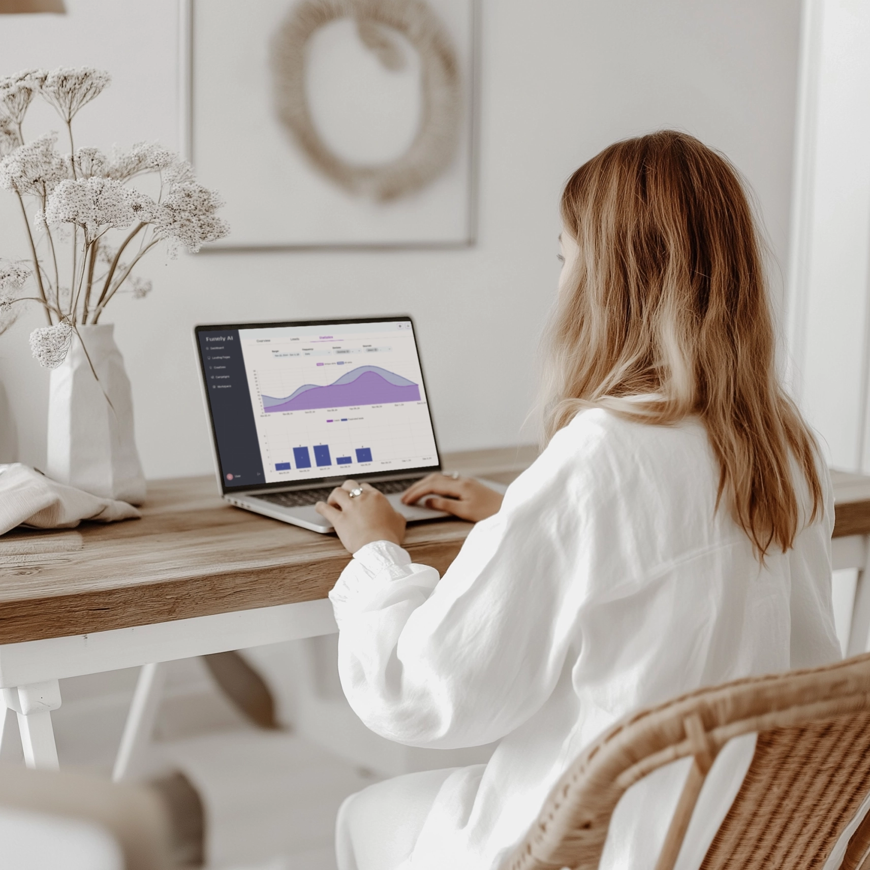 Excited business professionals viewing an AI-generated landing page on a laptop.
