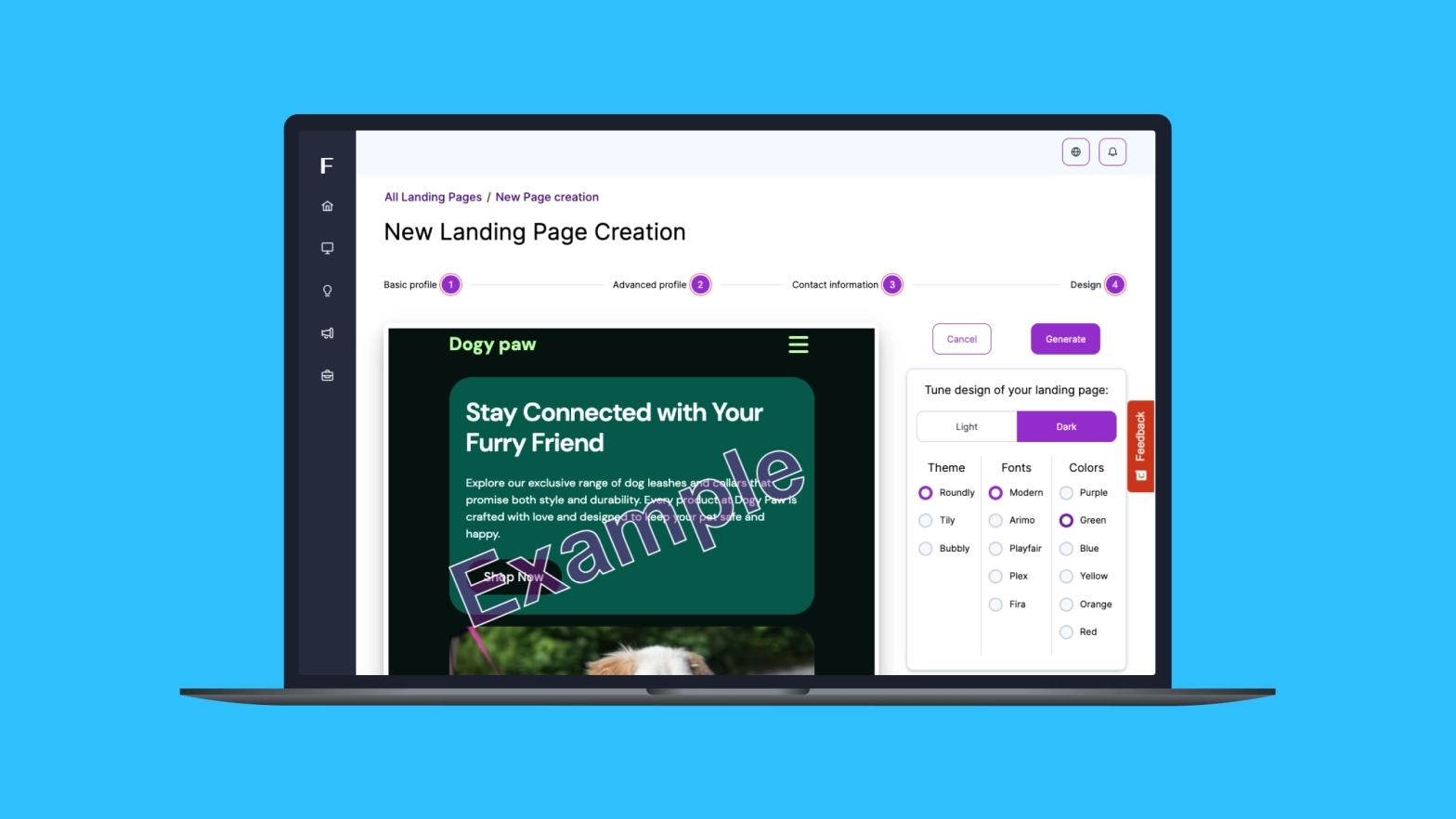 Screenshot of an AI-driven landing page interface with creation tools.